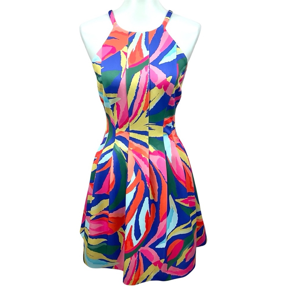 Vince Camuto Colorful Abstract Prism Floral Scuba Halter Flare Pocket Dress